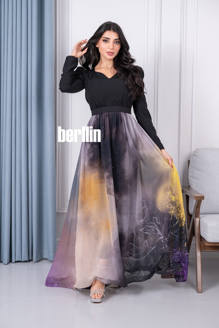 فستان ناعم مشجر مميز بنقشات انيقة وجذابة لون اسود