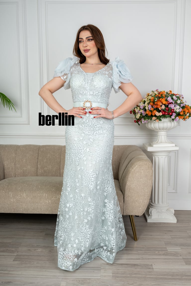 فستان طويل تل مطرز بستايل أكمام بف منفوخ لون سماوي فاتح