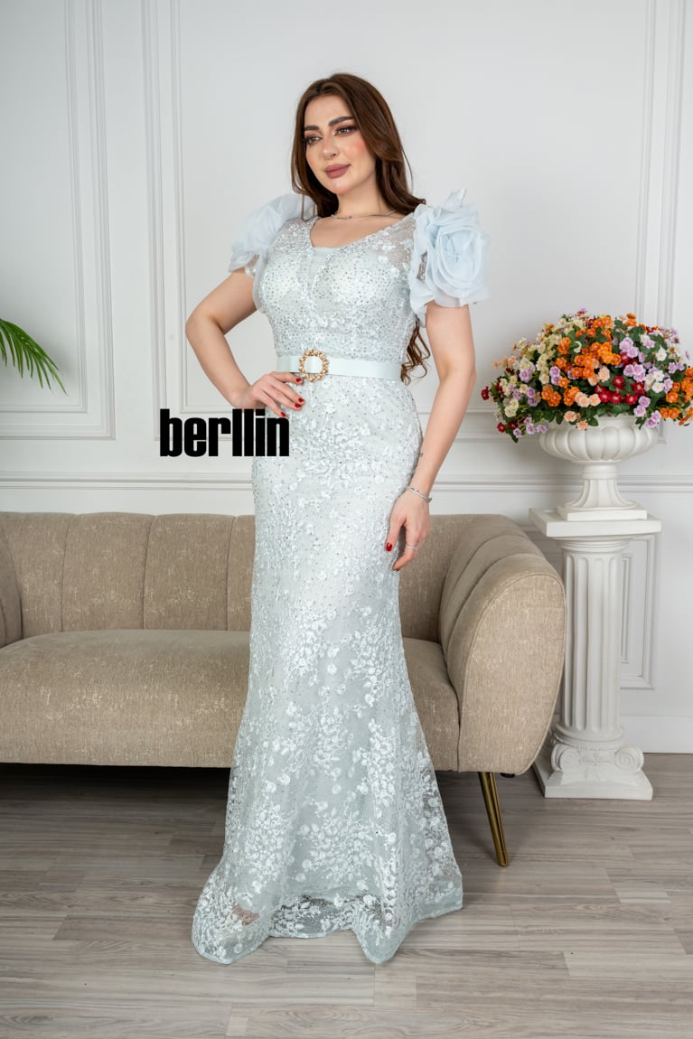 فستان طويل تل مطرز بستايل أكمام بف منفوخ لون سماوي فاتح