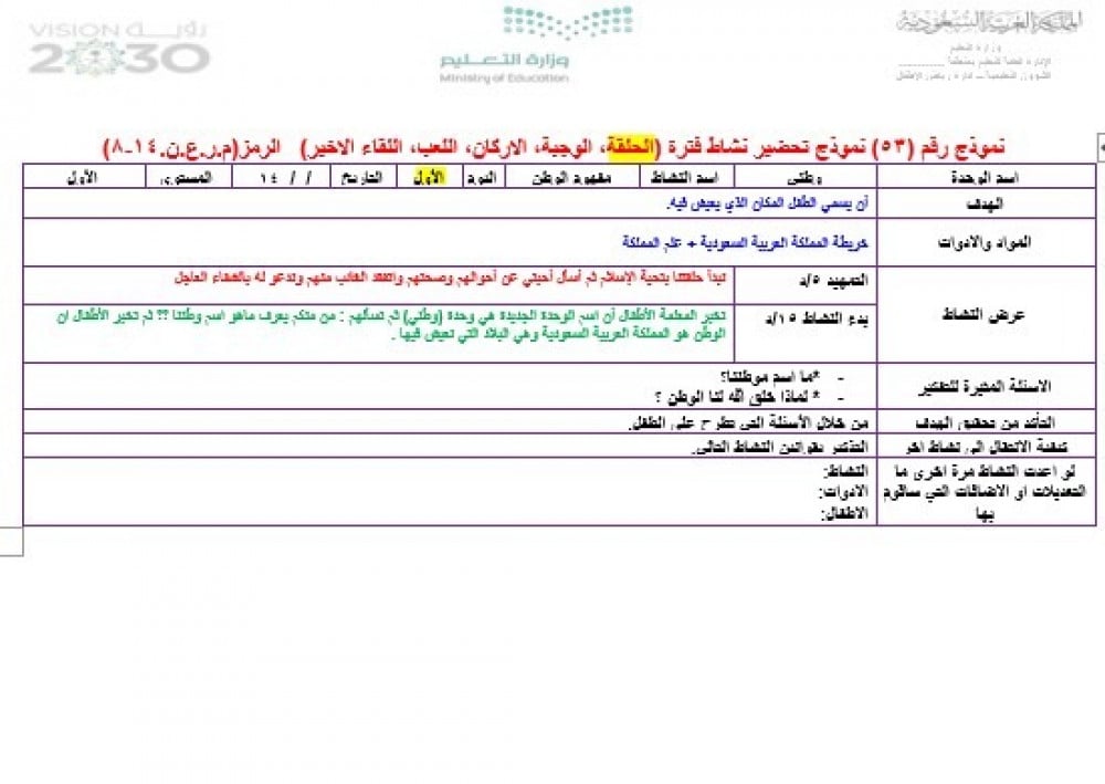 تحضير وحدة وطني رياض الأطفال