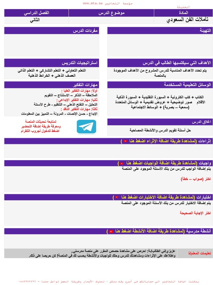 حل أسئلة مادة تأملات الفن السعودي أول ثانوي مسارات الفصل الدراسي الثان