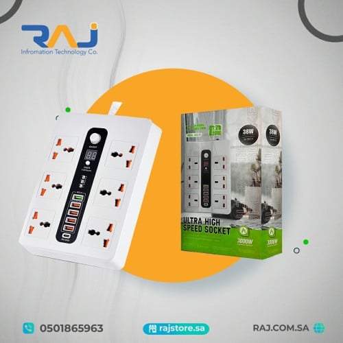 سلك توصيل طاقة ELONSEY مع 6 مقابس طاقة و 5 منافذ U...