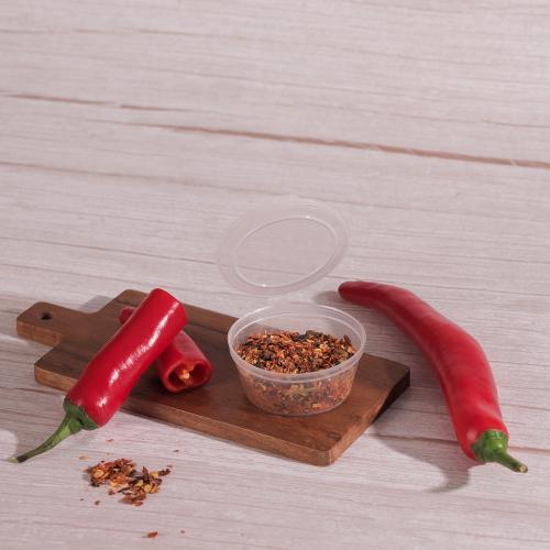 A set of (50) transparent plastic containers for sauces with a continuous lid and an engraved frame - 50 ml
