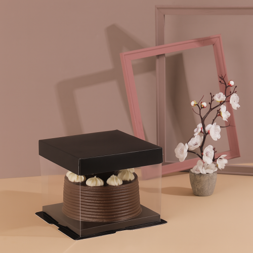 Transparent boxes with a rectangular paper base, black | 17*17*13 cm