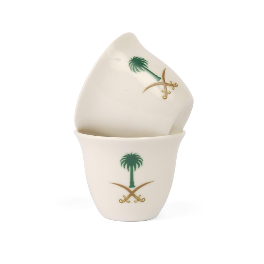 Saudi coffee cups with the logo of two swords and a palm tree