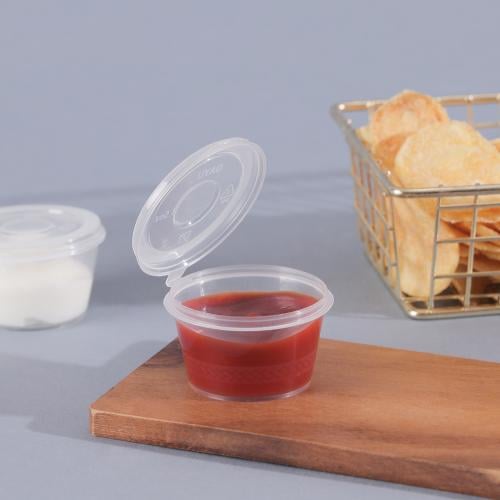 A set of (50) transparent plastic containers for sauces with a continuous lid and an engraved frame - 30 ml