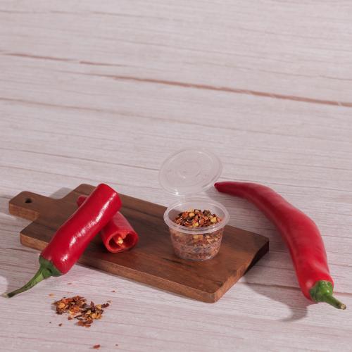 A set of (50) transparent plastic containers for sauces with a continuous lid and an engraved frame - 20 ml