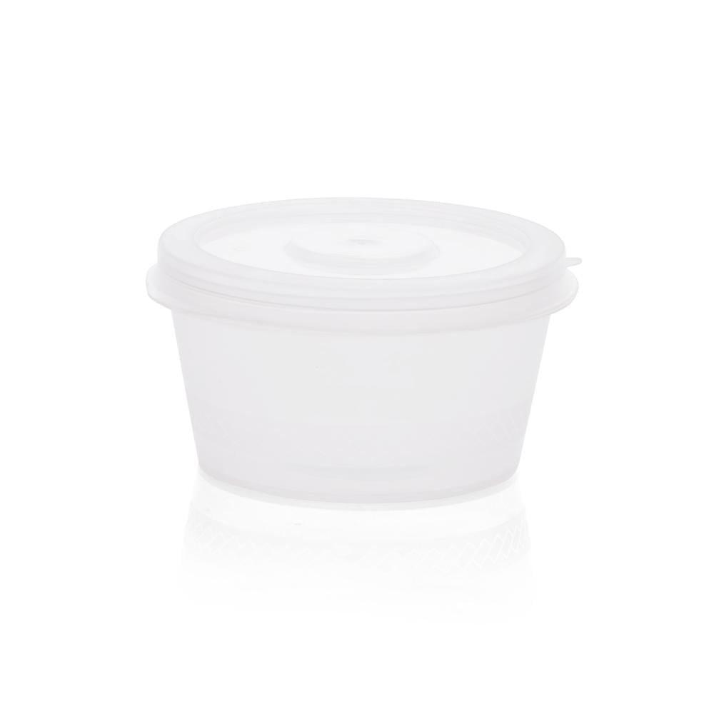 A set of (50) transparent plastic containers for sauces with a continuous lid and an engraved frame - 90 ml