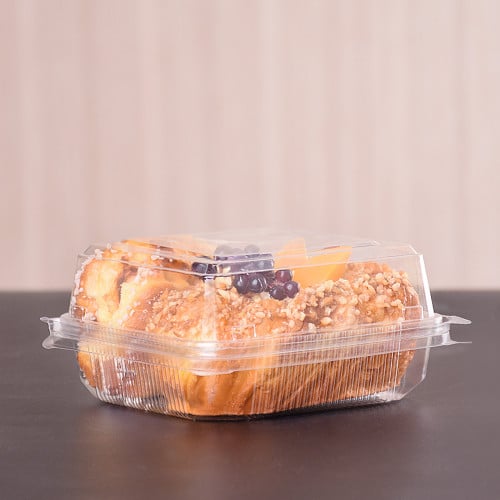 A set of (25) transparent square plastic containers with an attached lid
