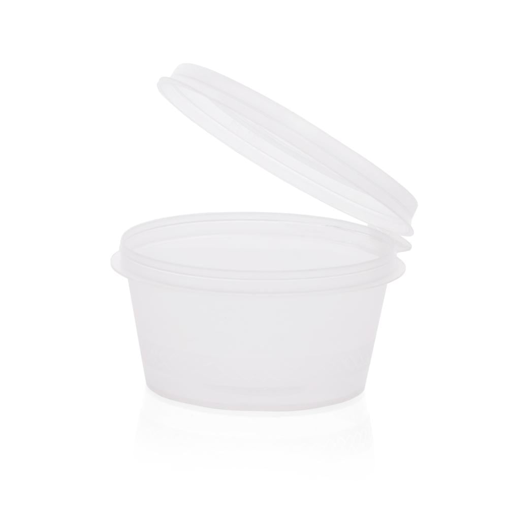 A set of (50) transparent plastic containers for sauces with a continuous lid and an engraved frame - 90 ml