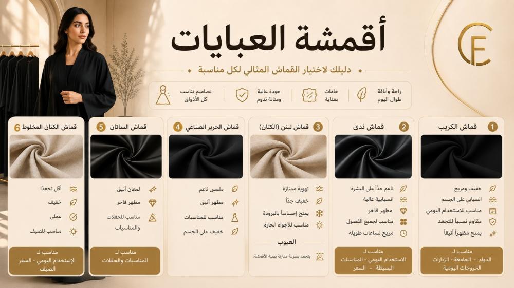 أفضل أقمشة العبايات : دليل شامل لاختيار القماش المناسب لكل موسم