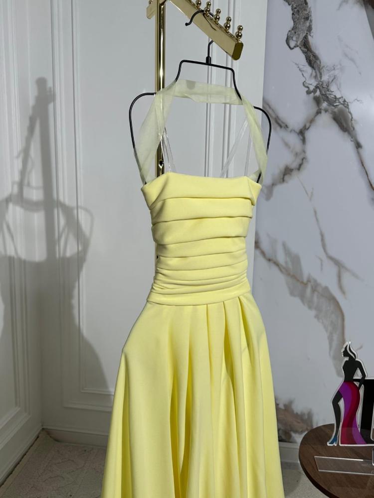 فستان أصفر ليموني ناعم برباط حول العنق