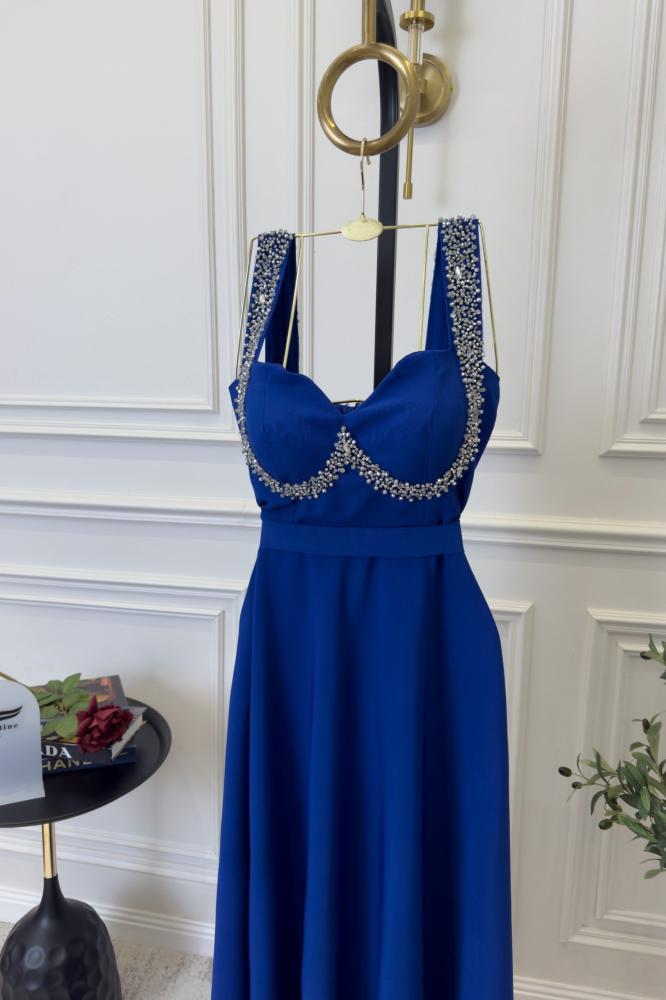 فستان سهره كت بخرز لون أزرق