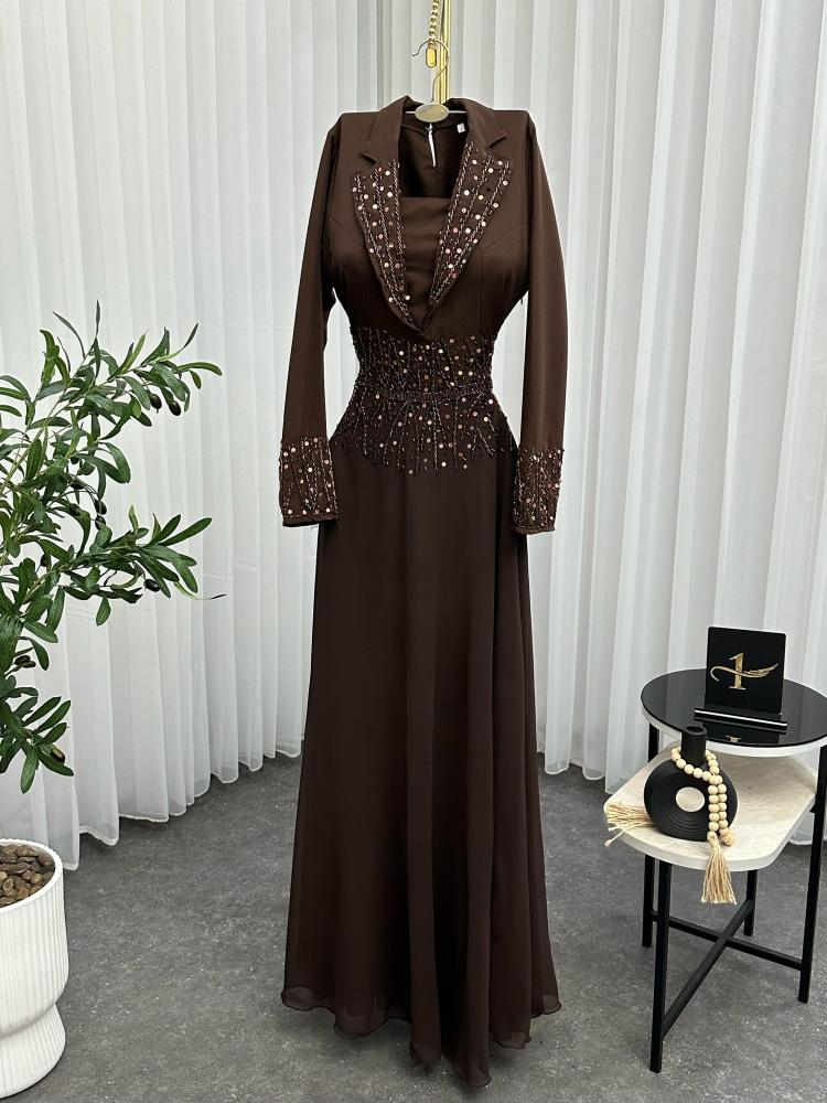 فستان سهره بني مطرز راقي