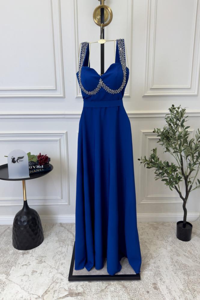 فستان سهره كت بخرز لون أزرق