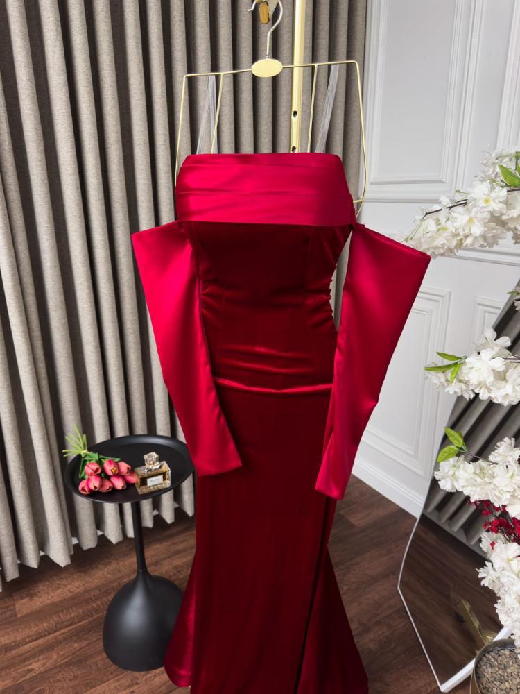 فستان سهره  احمر مخصر بكمام تفته