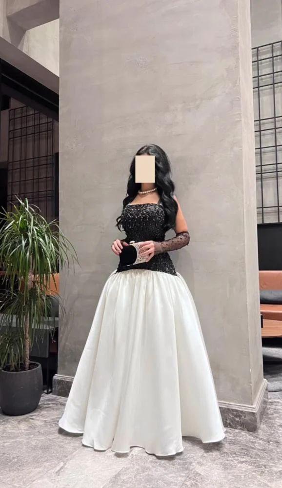 فستان سهرة اسود على ابيض ميكادو + تطريز لولو