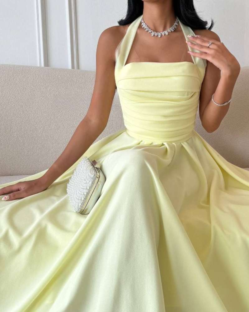 فستان أصفر ليموني ناعم برباط حول العنق