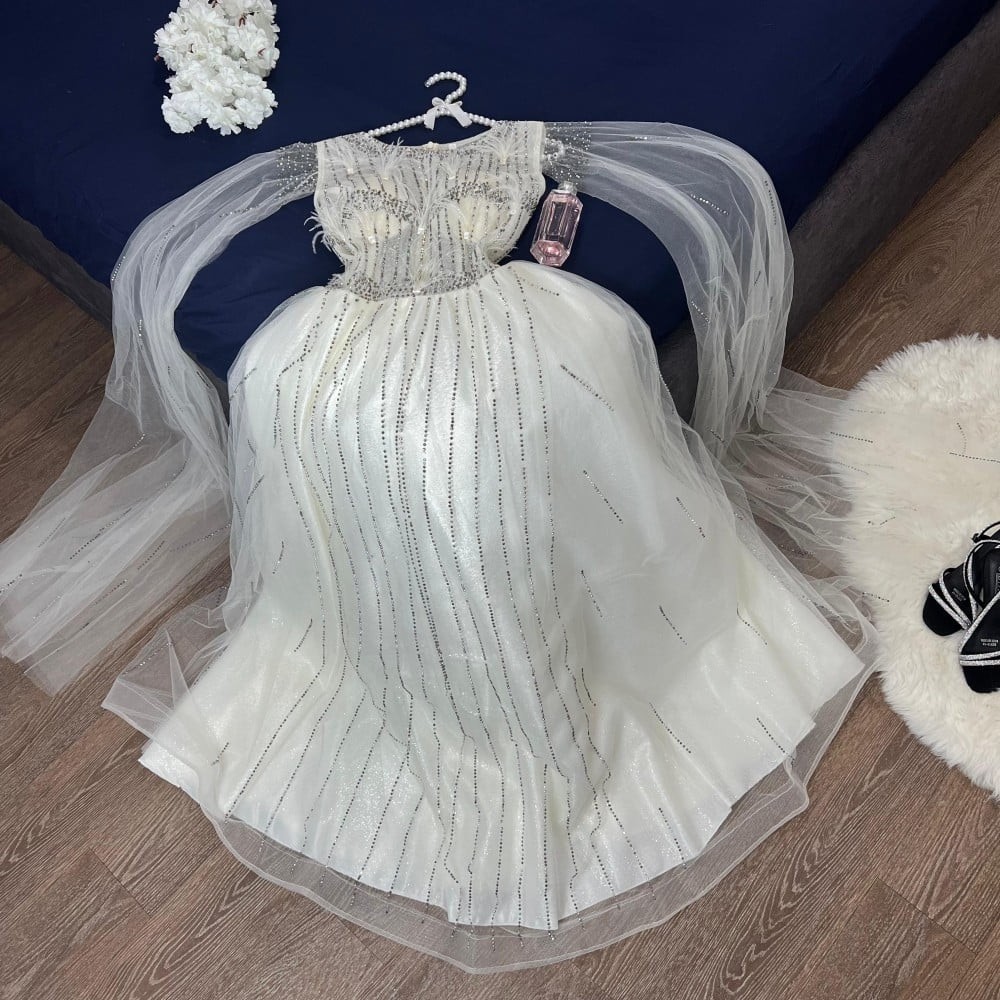 فستان سهرة تل ناعم تايواني تطريز فصوص كمبيوتر شغل راقي