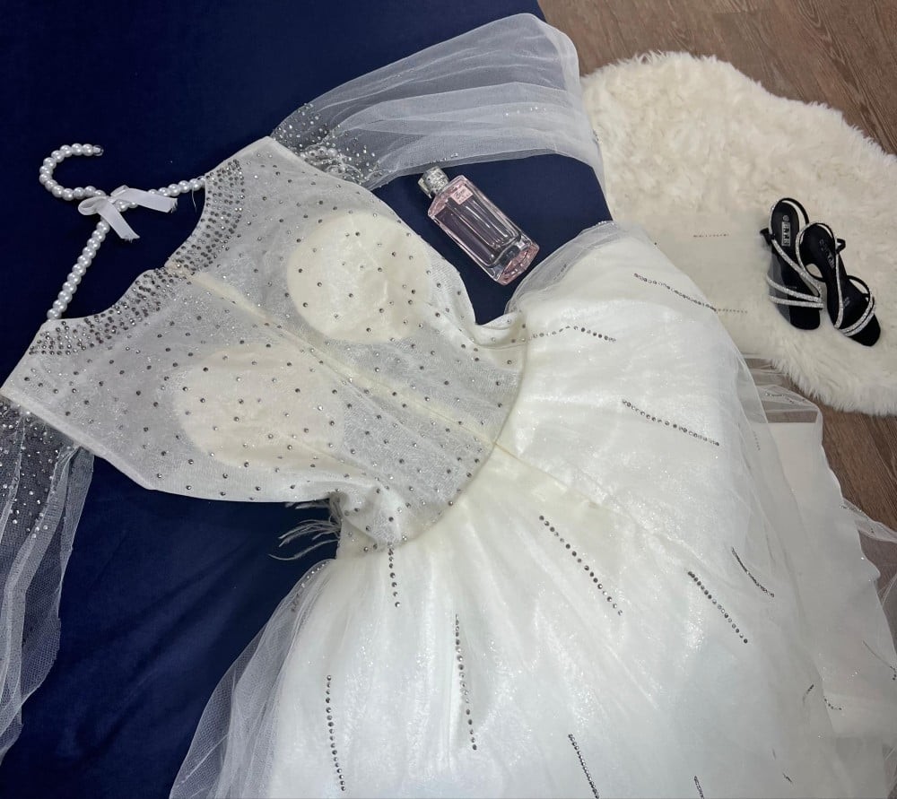 فستان سهرة تل ناعم تايواني تطريز فصوص كمبيوتر شغل راقي