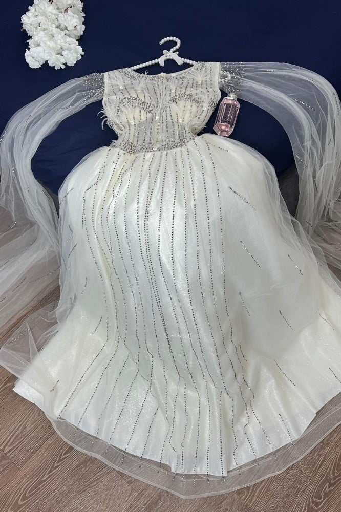 فستان سهرة تل ناعم تايواني تطريز فصوص كمبيوتر شغل راقي