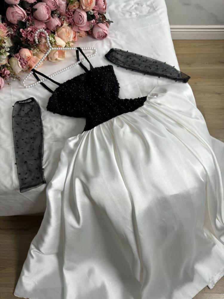 فستان سهرة اسود على ابيض ميكادو + تطريز لولو