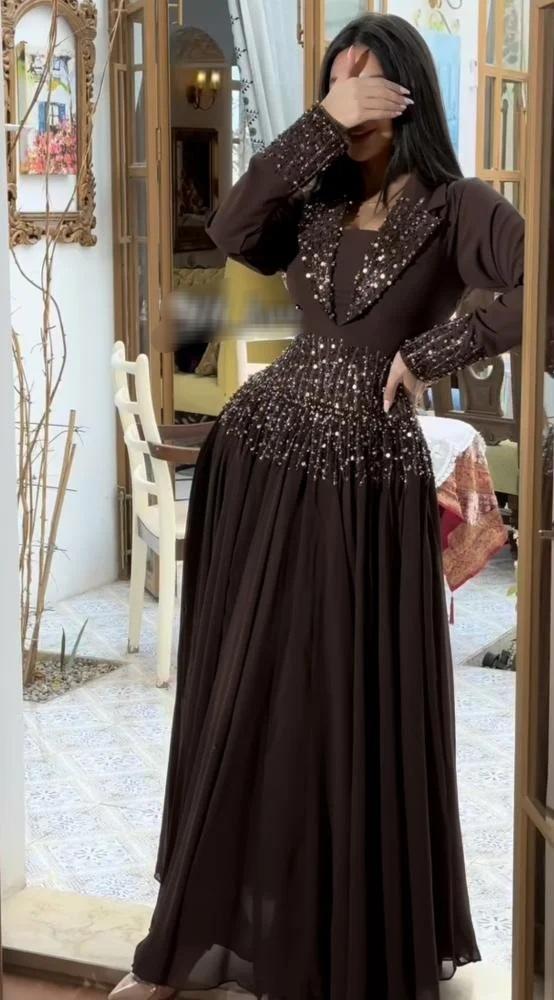فستان سهره بني مطرز راقي