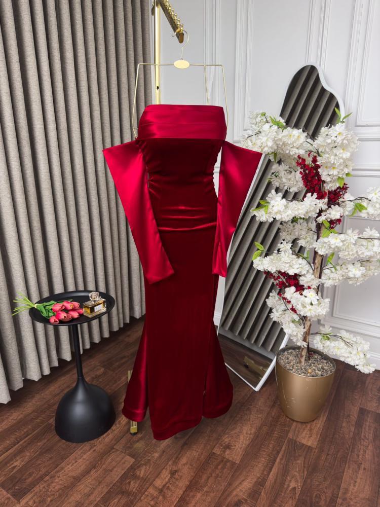 فستان سهره  احمر مخصر بكمام تفته