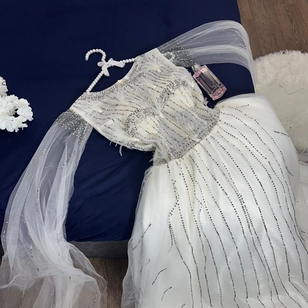 فستان سهرة تل ناعم تايواني تطريز فصوص كمبيوتر شغل راقي