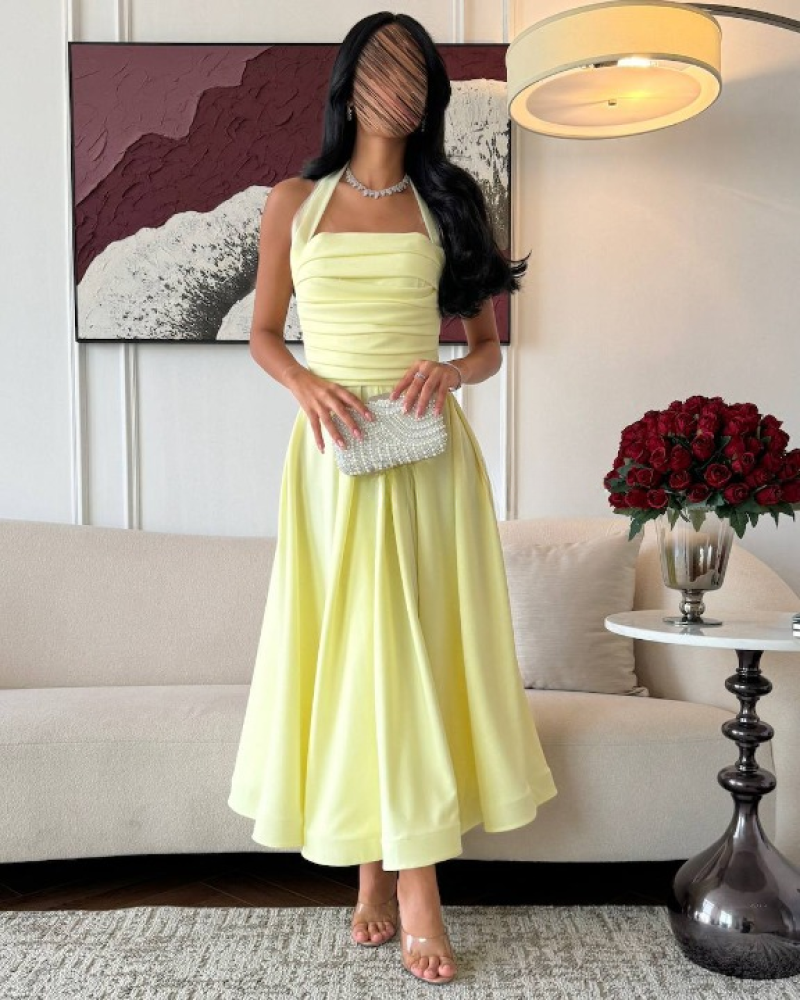 فستان أصفر ليموني ناعم برباط حول العنق