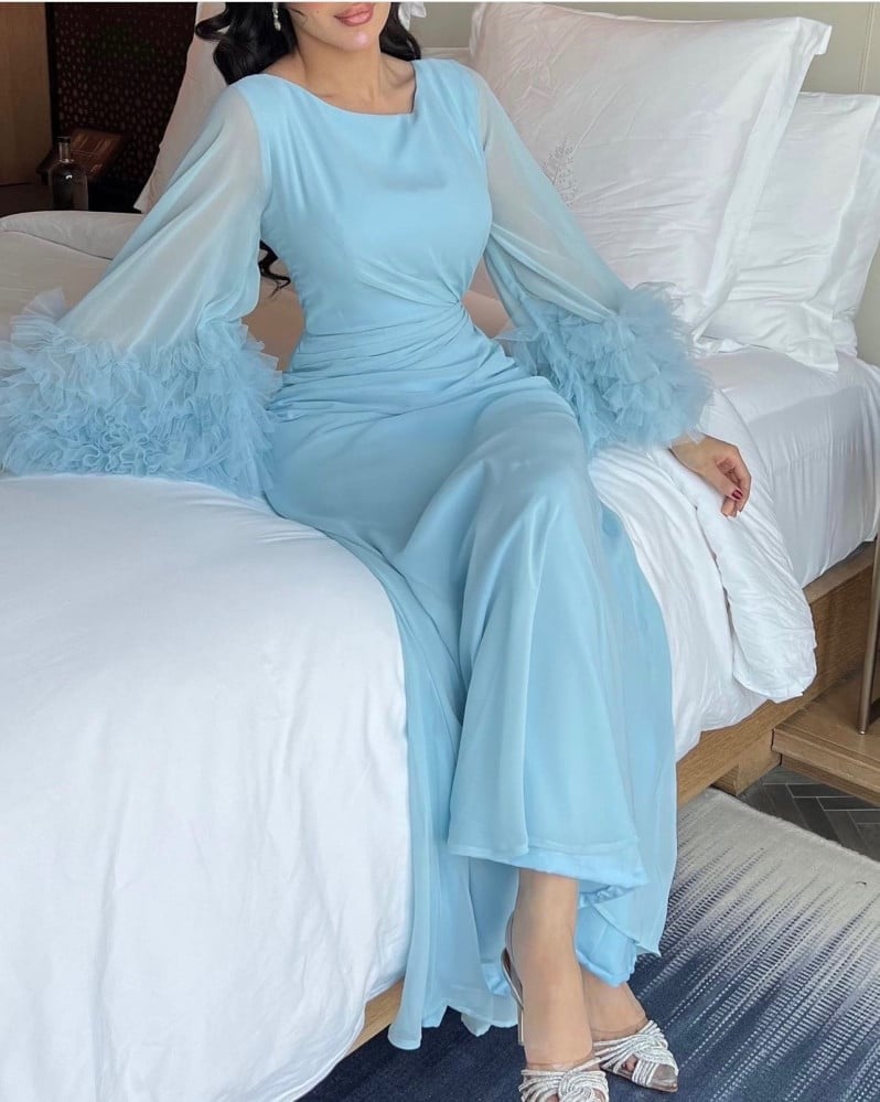 فستان شيفون باكمام تل مكرمش بطريقة مميزه