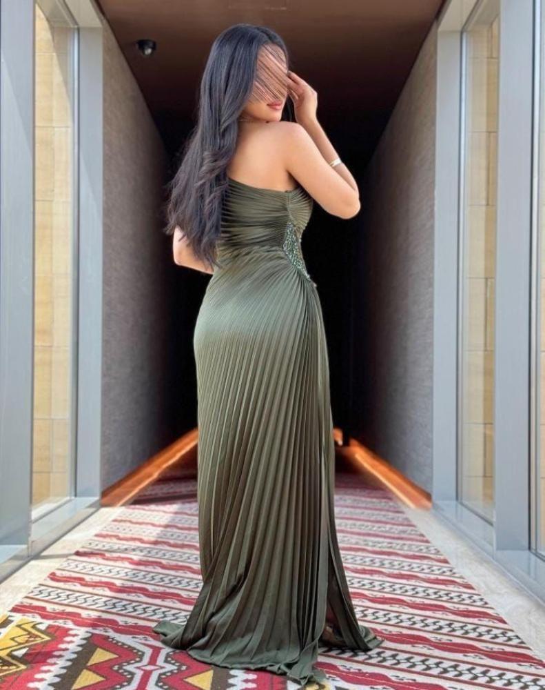 فستان زيتي بكسرات بوليسيه