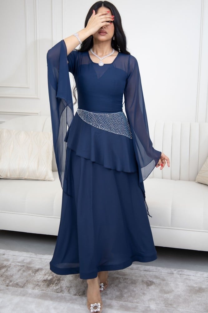 فستان كحلي شيفون فصوص كرستال