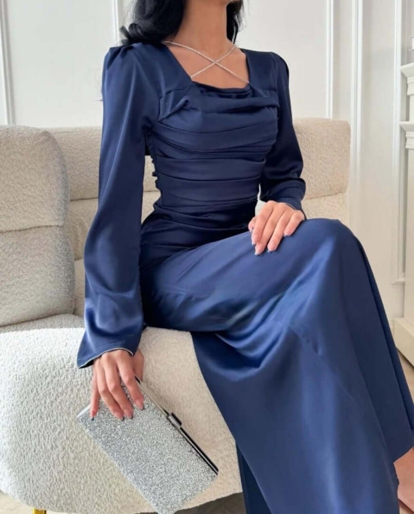 فستان تفته حرير كم طويل كلوش