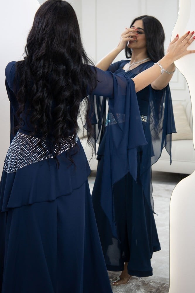 فستان كحلي شيفون فصوص كرستال