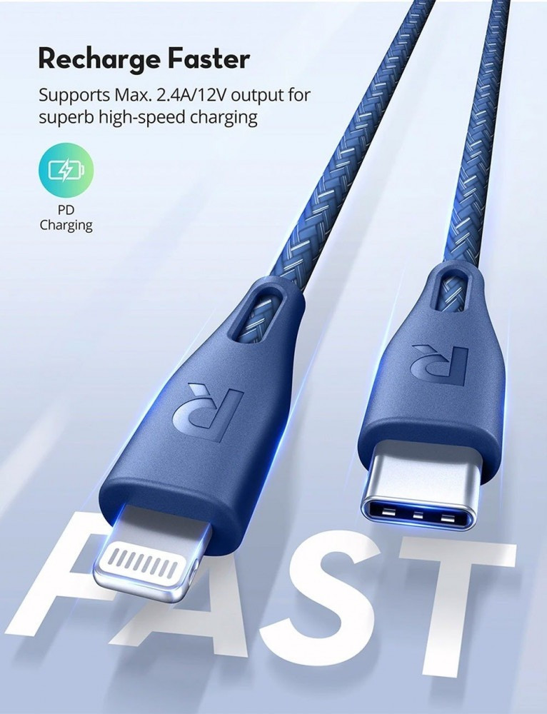 RAV Power Cable Type C to Lightning - 2 Meter - Blue Color - متجر وصلة يوفر  لك أحدث المنتجات الذكية واكسسوارات الجوال توصيل في 24H