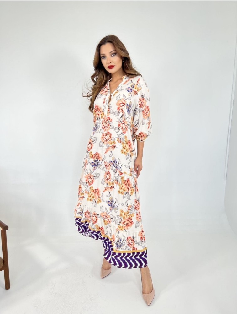 فستان عصري ملمس قطني فاخر  الابيض و الاورنج بلمسات بنفسجية  صناع