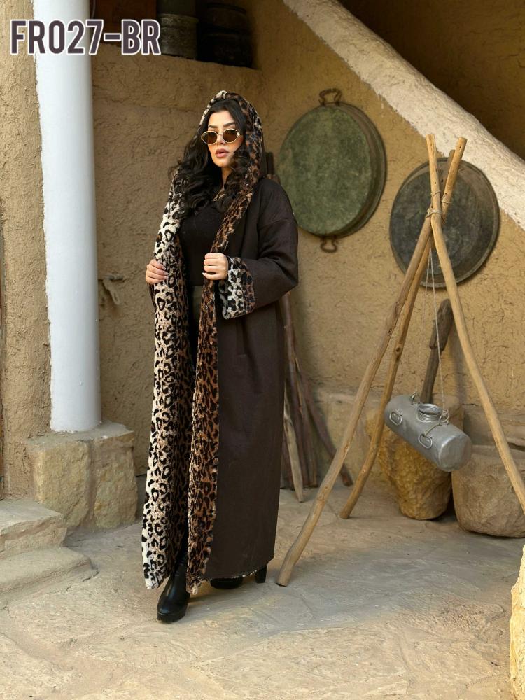 فروة نسائية بتصميم النمر - فروه نسائي بخامة الخيش المكحل