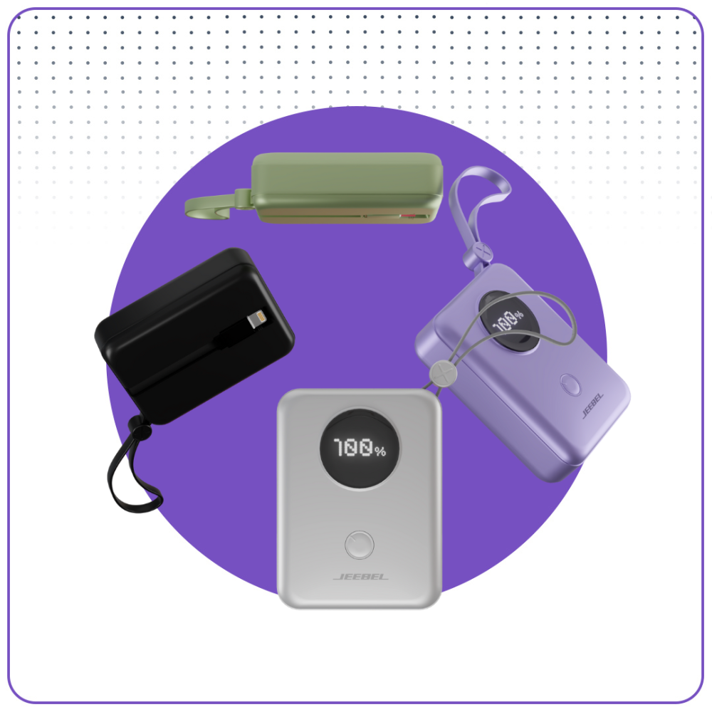 Jeebel باور بانك 10000mAh بشاشة رقمية – PD سريع 22.5W مع كابلات Lightning وType-C مدمجة – 4 ألوان