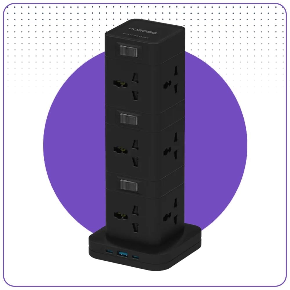 موزع طاقة ثلاثي المستويات ب 12 منفذ AC +منفذين USB-C+ منفذ USB طول 3 متر PORODO