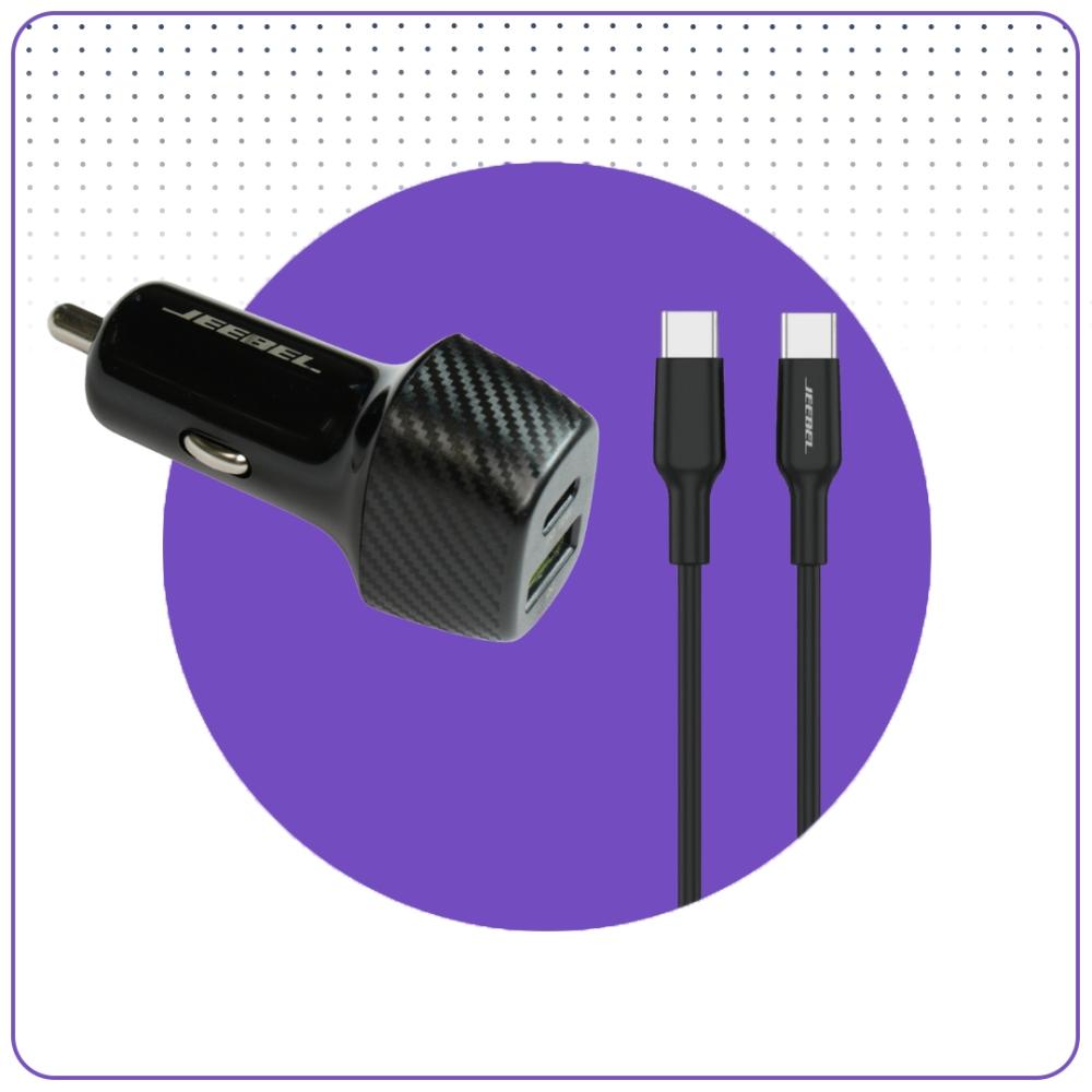 شاحن جوال للسيارة بمنفذين مع كيبل معتمد من ابل طرفين تايب سي جيبل بقوة 38 واط