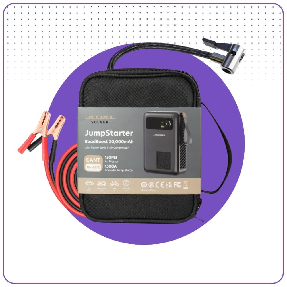 باور بانك وضاغط هواء واشتراك سيارة JEEBEL SOLVER – بطارية 20000mAh بقدرة تشغيل 1500A وضغط 150 PSI | محطة طوارئ متكاملة للسيارة