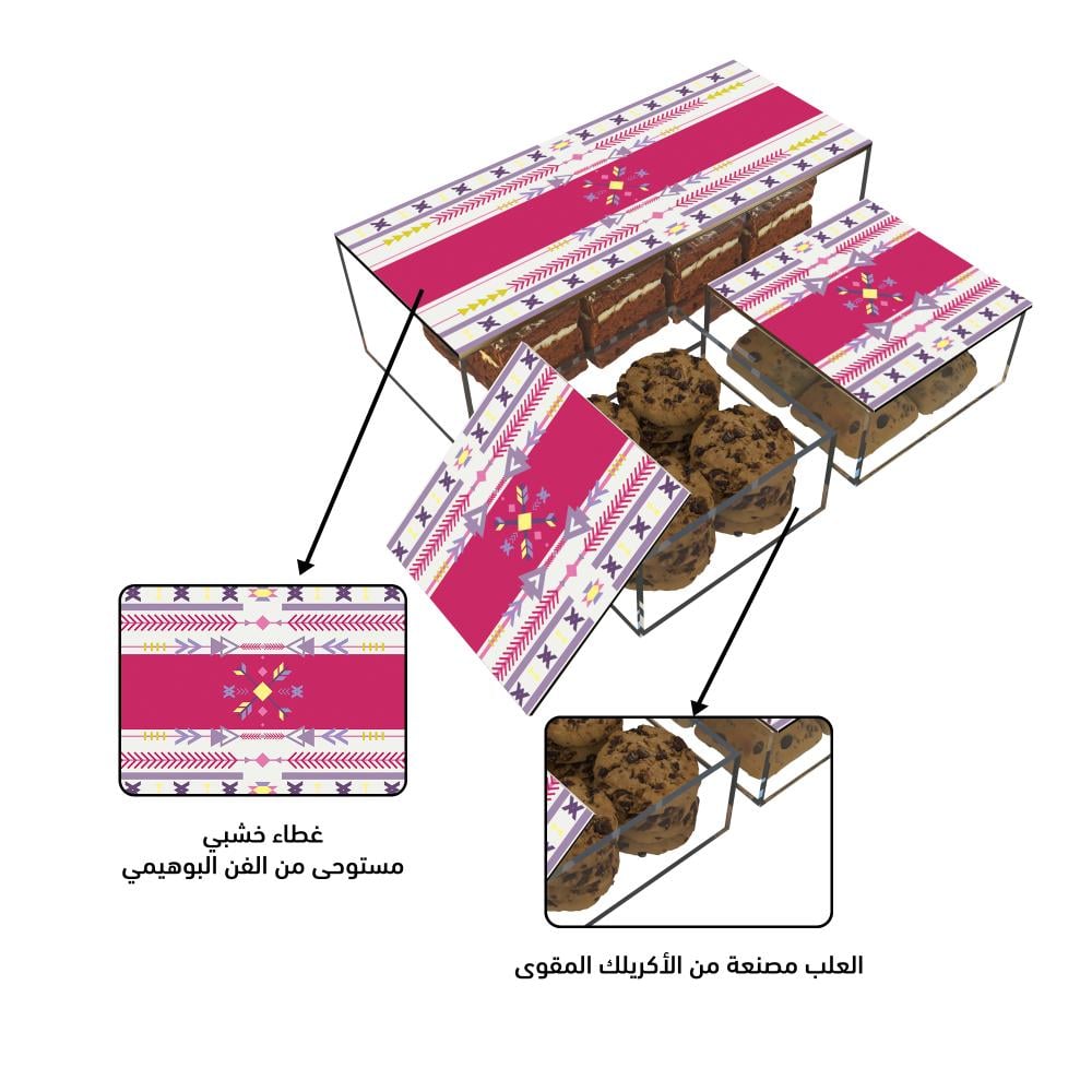 طقم أكريليك ثلاث قطع بغطاء خشبي فاخر للضيافة بتصميم الفن البوهيمي