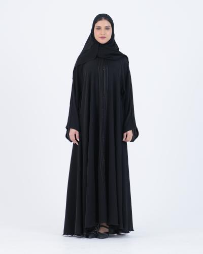 عباية إنترنت دبل كلوش سوداء مزينة بخطوط طولية مع ف...