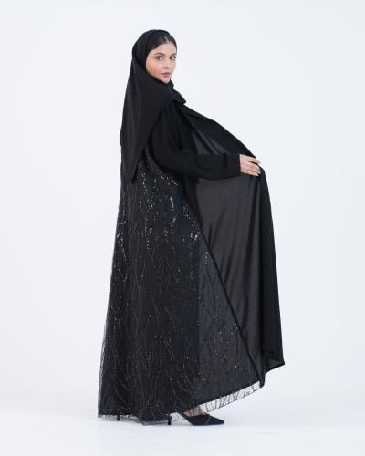 عباية كريب نص كلوش سوداء ببطانة خارجية من الشيفون...