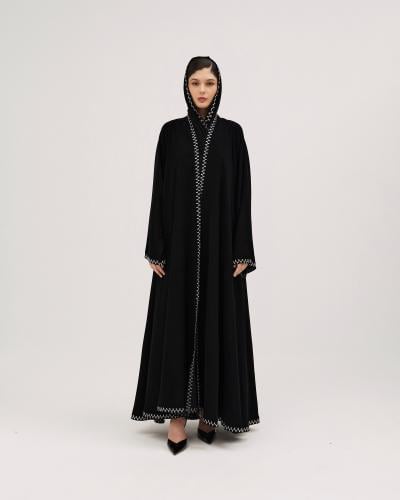 عباية باربي كلوش بتطريز هاري أبيض وكريستال أسود -...