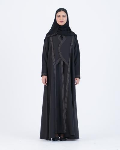 عباية كريب نص كلوش بياقة مميزة وتطريز بيج - لون أس...