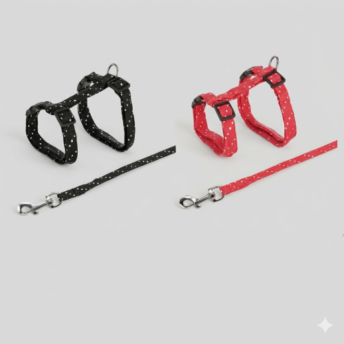 طقم صدرية وزمام للقطط بنقاط بولكا