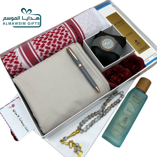 طقم رجالي شماغ-قماش-ازرار-ساعة-عطر