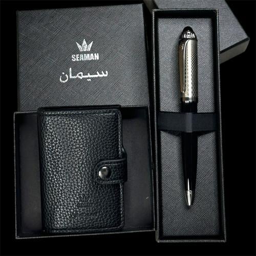 محفظة تخزين بطايق + قلم فاخر